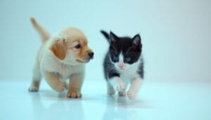 cute puppy and kitten toghether playing high resolution professional photography
